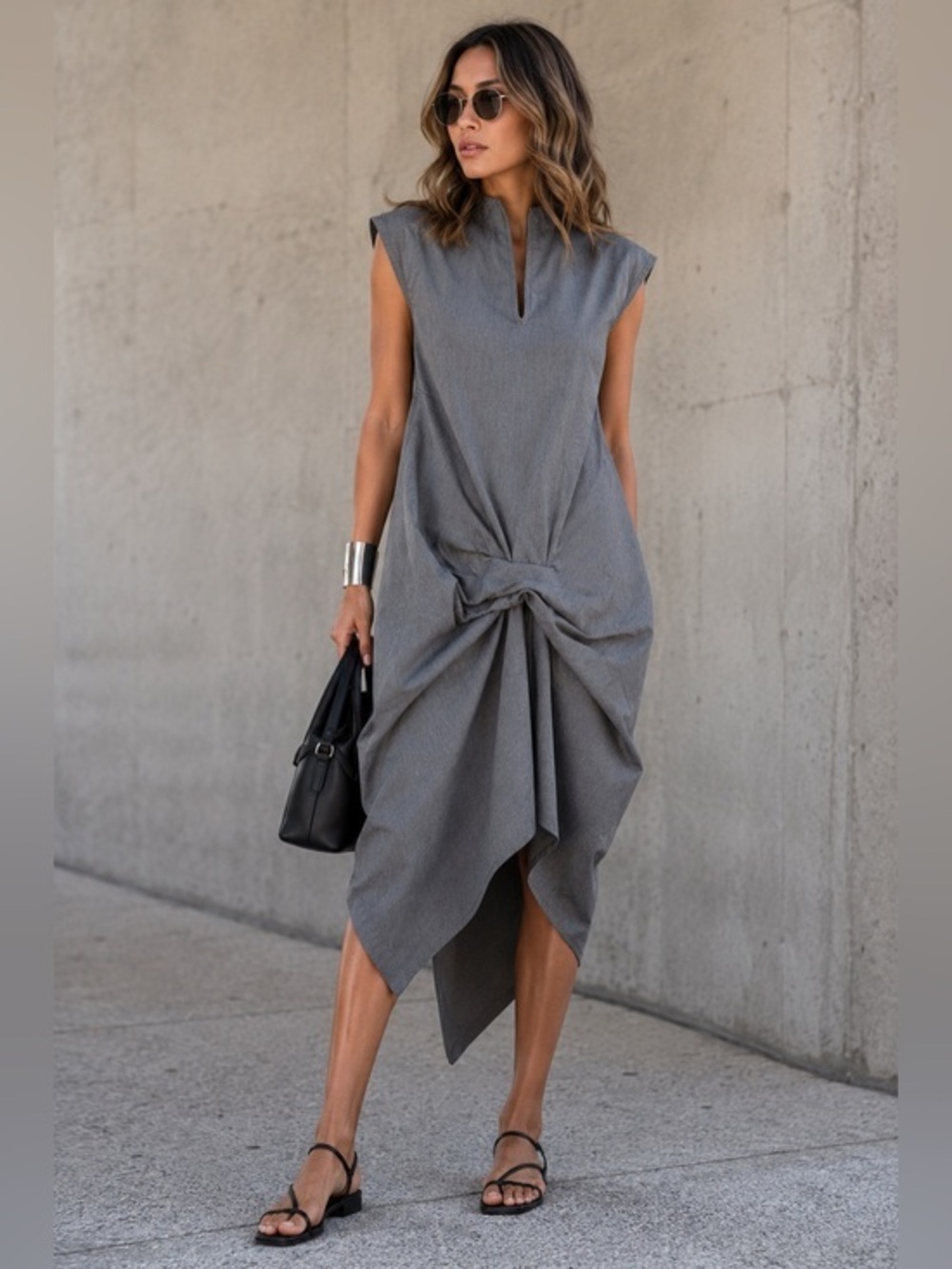 MAX.TAN Avant Garde Gray Draped Dress Size 36 Asymmetrical Designer Minimalist